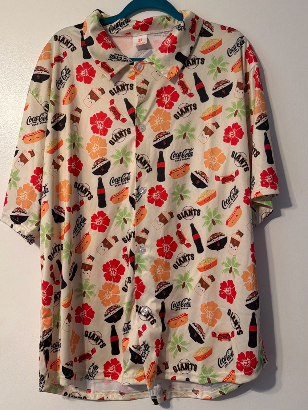 SF Giants 2023 Hawaiian Aloha Foodie Button Up Shirt  Coca-Cola Zero, Men’s XL